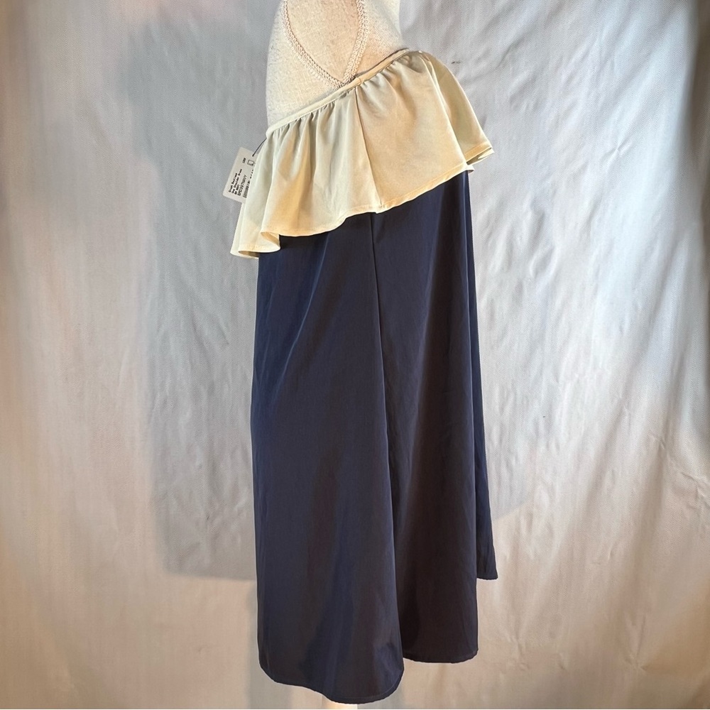 Basically Me  Mini Dress Navy Blue One Shoulder Cream Ruffle Neckline L - Picture 6 of 8